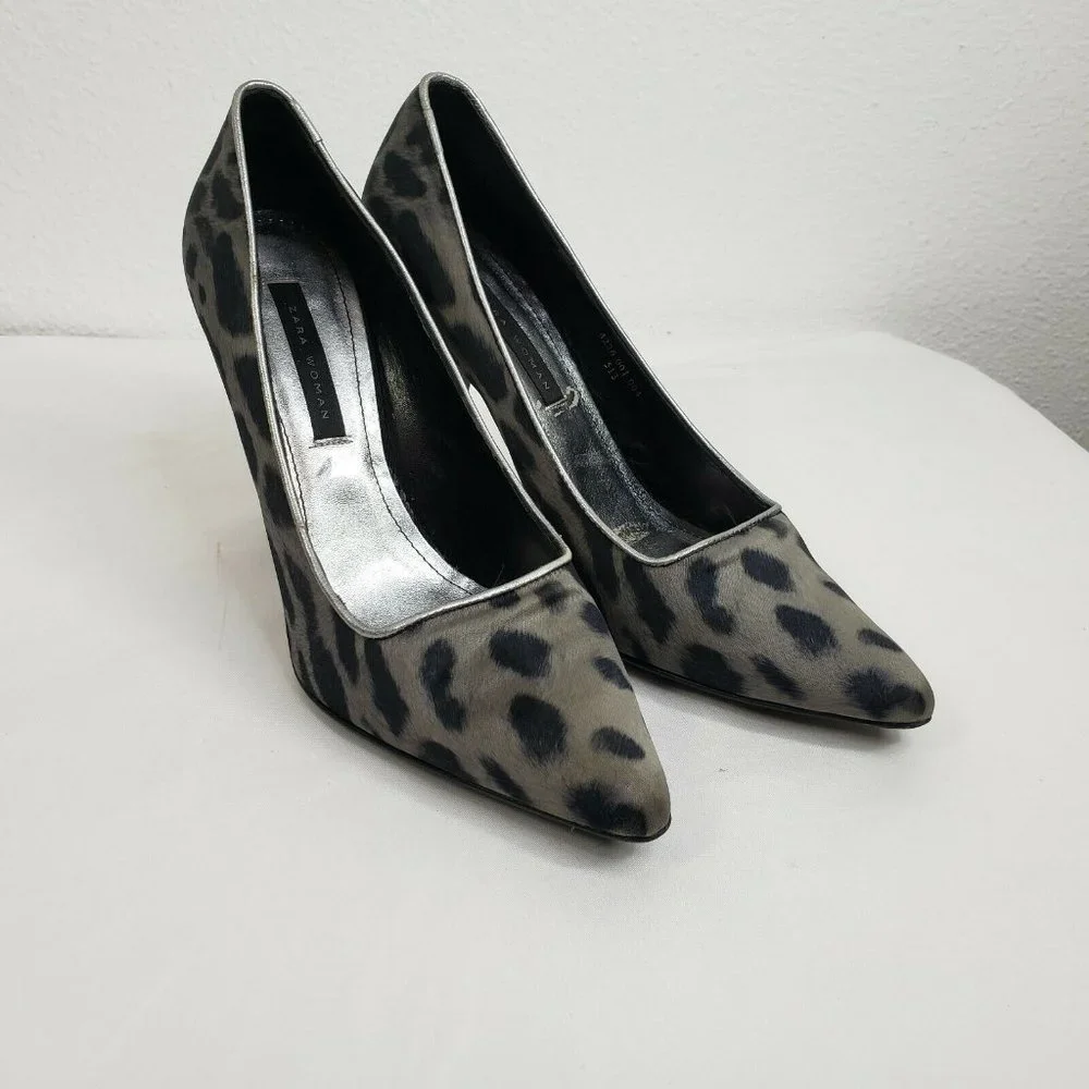Zara Woman Heels Court Dress Pumps Size 39 Black Silver Cheetah‎ Print